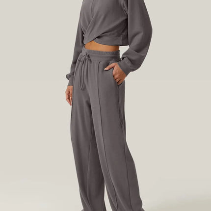 Crisscross Round Neck Top and Drawstring Pants Set