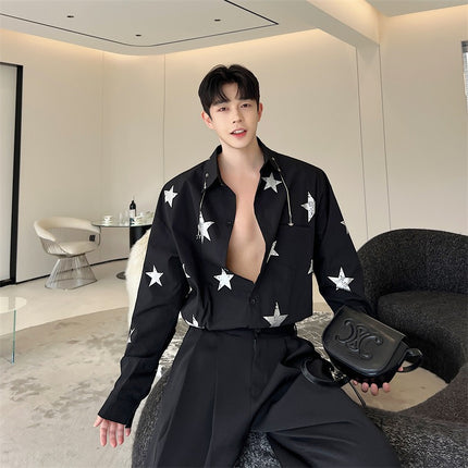 Sky Star Printing Trend Caution Machine Shirt Neckline Metal Pendant Top Men