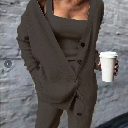 Solid color knitted jacket three piece set