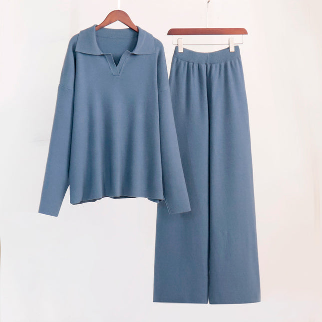 Knitted Sweater Straight Wide Leg Pants Two-Piece Set High Neck