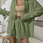 Dropped Shoulder Button Up Top and Elastic Waist Shorts Set