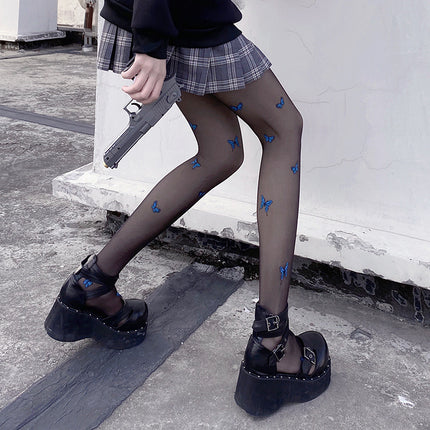 Black Silk Sexy Thin Blue Butterfly Printed Letters Ins Moisture-Proof Hook Silk Arbitrarily Cut White Socks Women