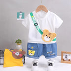 Children's clothing children's short sleeved shorts set stylish baby summer clothing children's shoulder bag T-shirt cartoon set