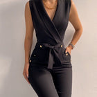 Button up V-neck sleeveless slim fit jumpsuit