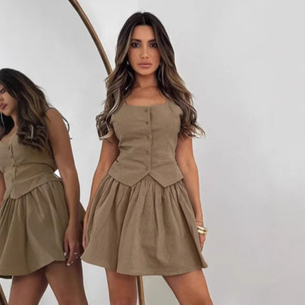 Cotton and linen vest short skirt set women's khaki A-line skirt