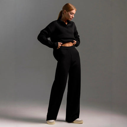 Knitted Sweater Straight Wide Leg Pants Two-Piece Set High Neck