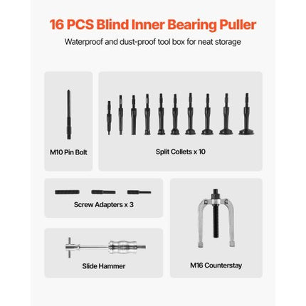 Blind Hole Bearing Puller Set, 16-in-1 Inner Bearing Race and Seal Extractor Kit, 16 PCS Slide Hammer Pilot Insert Inner Internal Bearing Removal Tool Set with 10 Split Collets and Counterstay
