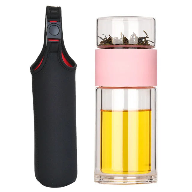 DOUBLE WALL GLASS TEA MUG COFFEE TRAVEL CUP