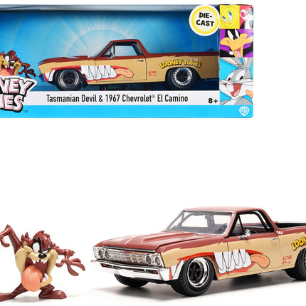1967 Chevrolet El Camino Brown and Beige with Graphics and Tasmanian Devil (Taz) Diecast Figure "Looney Tunes" "Hollywood Rides" Series 1/24 Diecast Model Car by Jada