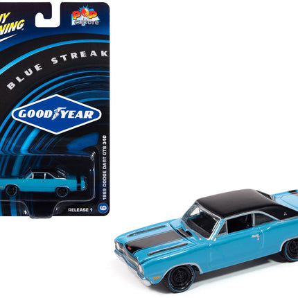 1969 Dodge Dart GTS 340 Blue with Black Top and Stripes "Goodyear Blue Streak" "Pop Culture" 2025 Release 1 1/64 Diecast Model Car by Johnny Lightning