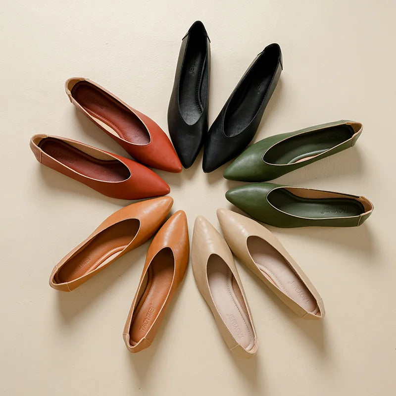 Female Shoes Large Size 2025 Pointedtoe Genuine Leather Flat Shoes Women Shallow Mouth Comfortable Women's Boat Shoes