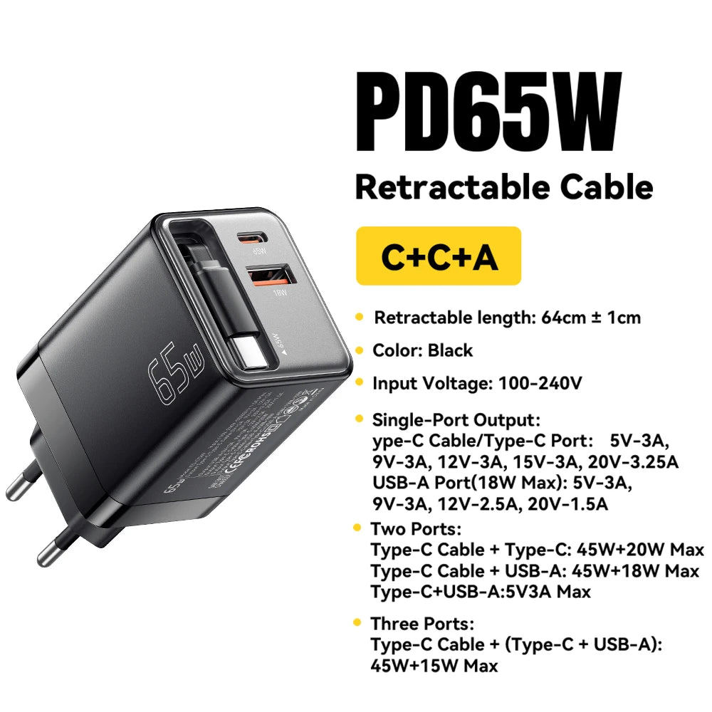 Essager 65W GaN Charger with Retractable Cable PD Fast Charging for Laptop Macbook iPhone 17 16 15 Xiaomi Type-C Phone Charger