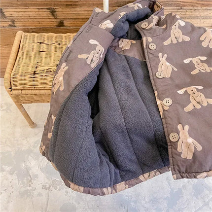 Color: Beige, Kid Size: 3T - Girls Coat 2025 Autumn and Winter New Children's Clothing Korean Wind Girl Baby Cotton Printed Down Jacket Casual Simple Daily
