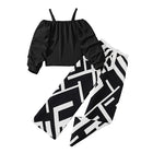 Kids Clothing Sets For Girls Khaki Off-shoulder Long sleeve Top & Stripe Printing Pants Summer Resort Style Children Suits OOTD
