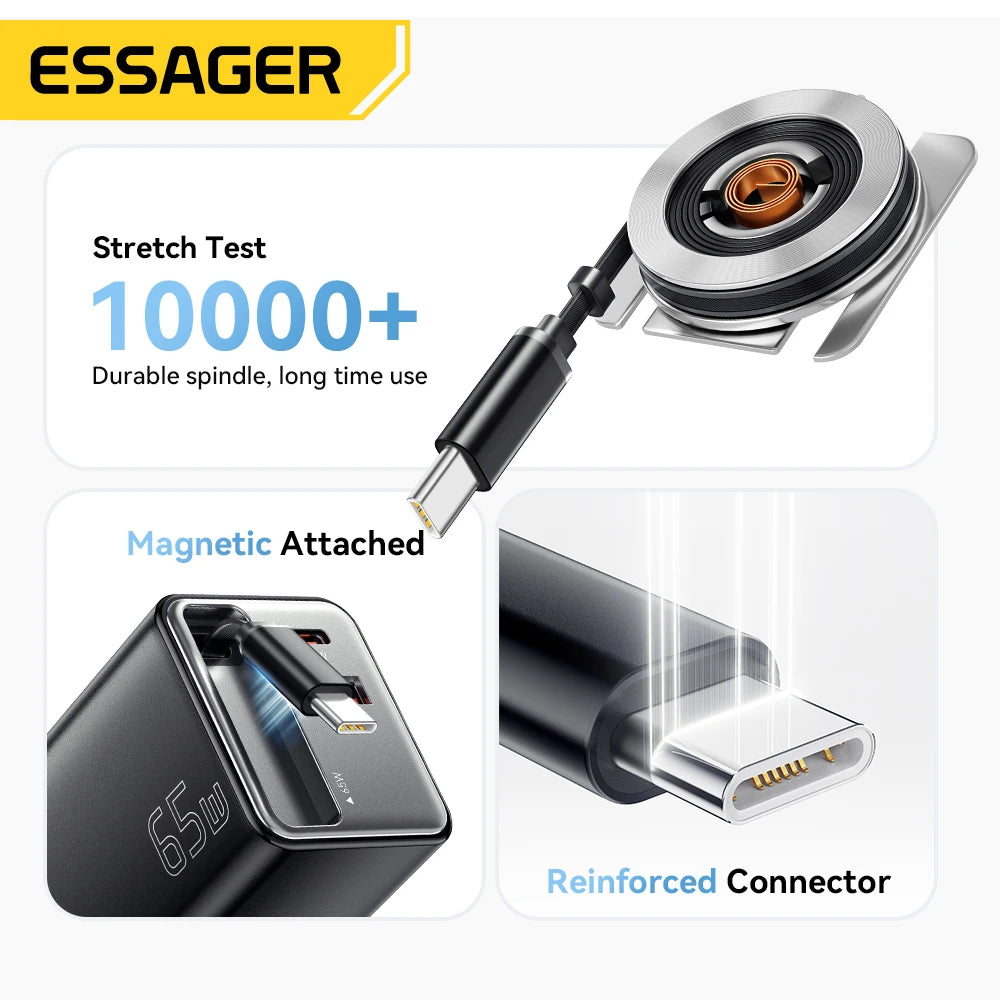 Essager 65W GaN Charger with Retractable Cable PD Fast Charging for Laptop Macbook iPhone 17 16 15 Xiaomi Type-C Phone Charger
