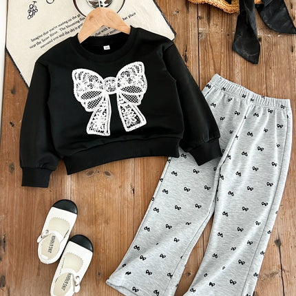 Kids Clothes Girls Autumn Fashion Bow Print Long-sleeved Sweatshirt + Flared Pants Sets Children's Daily Casual Wear