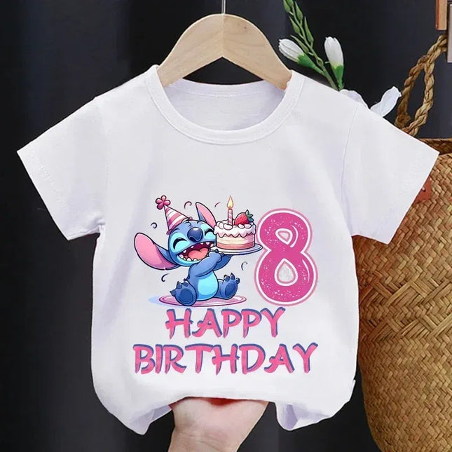 Color: Ivory, Kid Size: 5 - Lilo Stitch Children T-shirt Birthday 3-10 Years Boy Girl Clothing Summer Cartoon Print Tshirt Short Sleeve Cotton Top Baby Tee