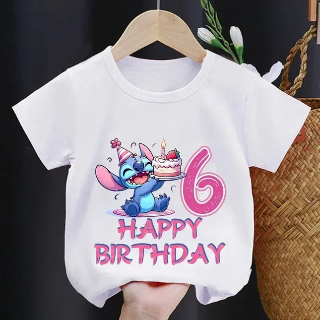 Color: Ivory, Kid Size: 5 - Lilo Stitch Children T-shirt Birthday 3-10 Years Boy Girl Clothing Summer Cartoon Print Tshirt Short Sleeve Cotton Top Baby Tee