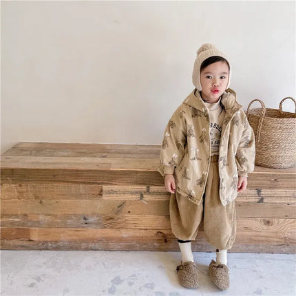 Color: Beige, Kid Size: 3T - Girls Coat 2025 Autumn and Winter New Children's Clothing Korean Wind Girl Baby Cotton Printed Down Jacket Casual Simple Daily
