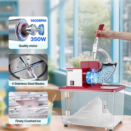 Commercial Ice Crusher 661LBS/H, 350W Electric Snow Cone Machine with 4 Blades, 2000RPM Stainless Steel Shaved Ice Machine with 11 Gal Crushed-Ice Box, for Family Restaurants Bars, Red