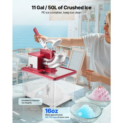 Commercial Ice Crusher 661LBS/H, 350W Electric Snow Cone Machine with 4 Blades, 2000RPM Stainless Steel Shaved Ice Machine with 11 Gal Crushed-Ice Box, for Family Restaurants Bars, Red