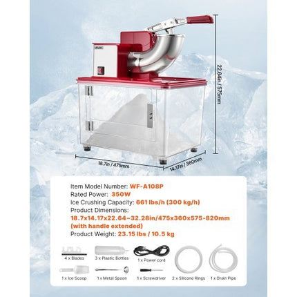 Commercial Ice Crusher 661LBS/H, 350W Electric Snow Cone Machine with 4 Blades, 2000RPM Stainless Steel Shaved Ice Machine with 11 Gal Crushed-Ice Box, for Family Restaurants Bars, Red