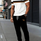 New Handsome Men's Summer Stripe Printed Comfortable and Breathable Round Neck T-shirt Pants Set Outdoor Casual Clothing