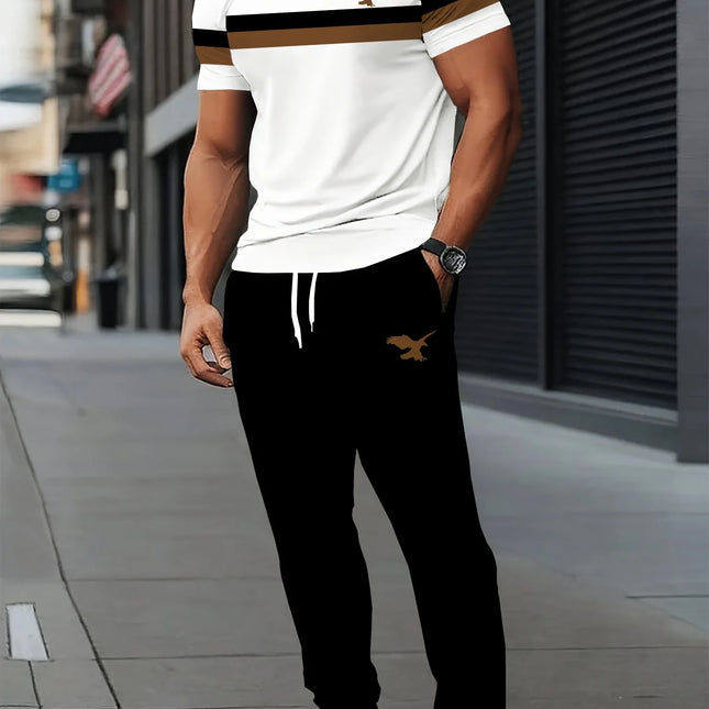 New Handsome Men's Summer Stripe Printed Comfortable and Breathable Round Neck T-shirt Pants Set Outdoor Casual Clothing
