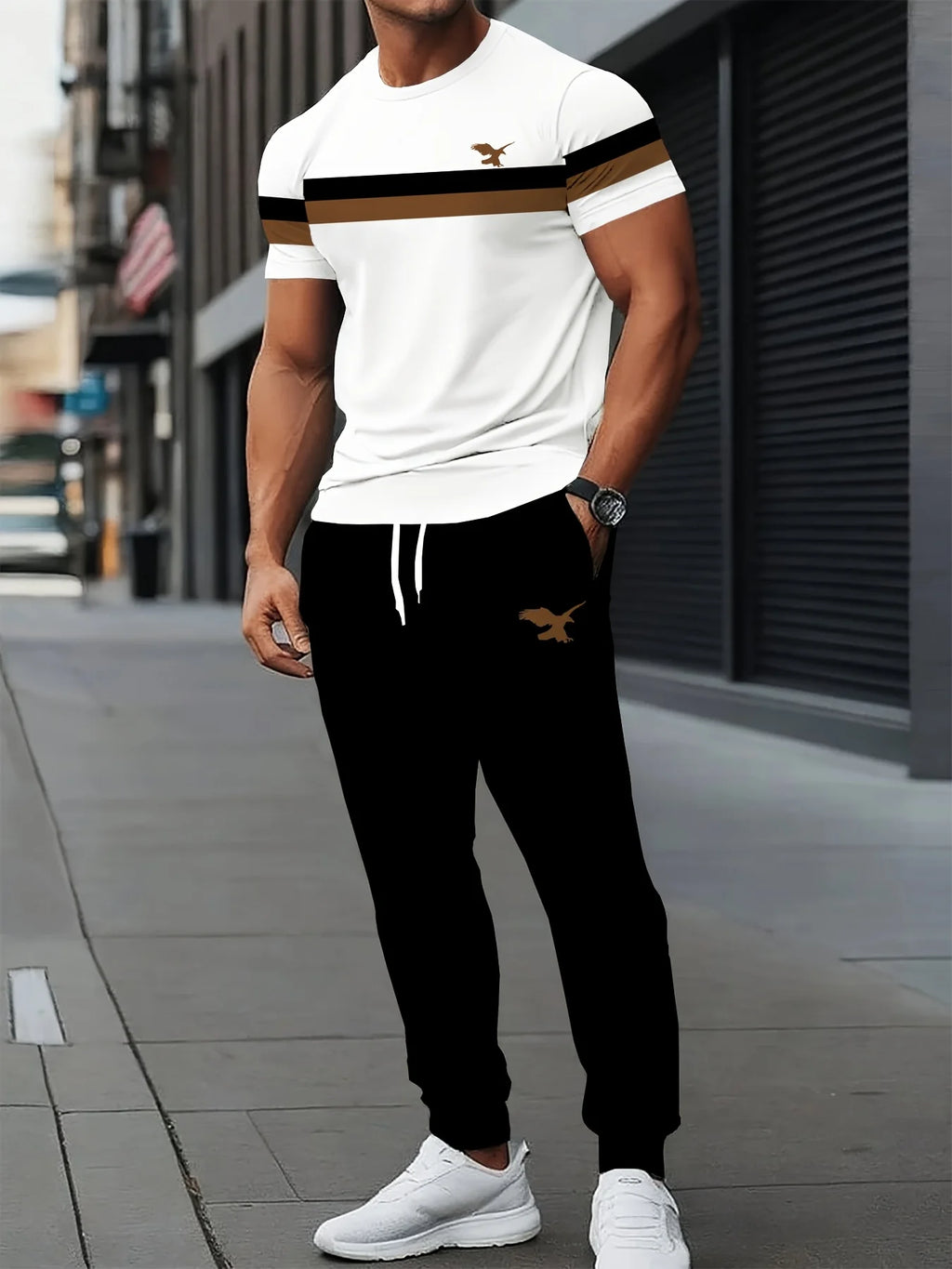 New Handsome Men's Summer Stripe Printed Comfortable and Breathable Round Neck T-shirt Pants Set Outdoor Casual Clothing