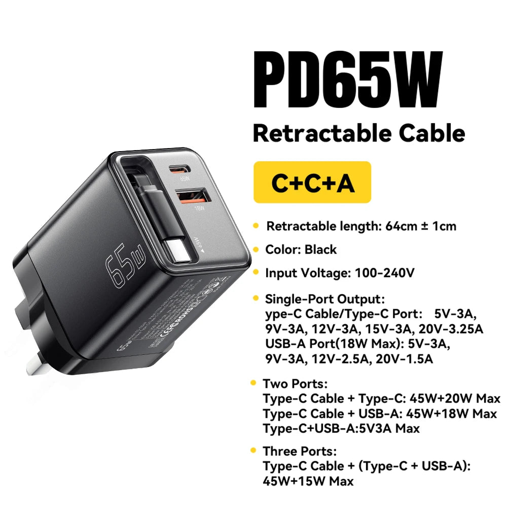 Essager 65W GaN Charger with Retractable Cable PD Fast Charging for Laptop Macbook iPhone 17 16 15 Xiaomi Type-C Phone Charger