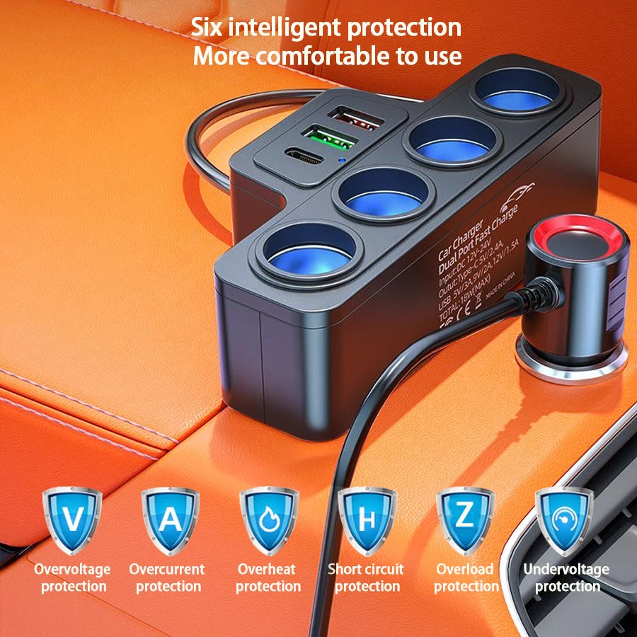 120W Multi-Function Charger USB/Type C Fast Charging Can Charge Multiple Devices At The Same Time, One Tow And Four Car Chargers