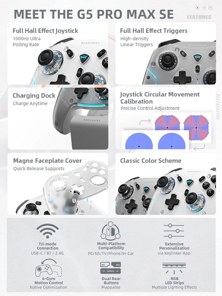 MACHENIKE G5Pro Max SE Gaming Controller Charging Dock Optional Hall Effect Joysticks Triggers RGB Light Wireless Gamepad