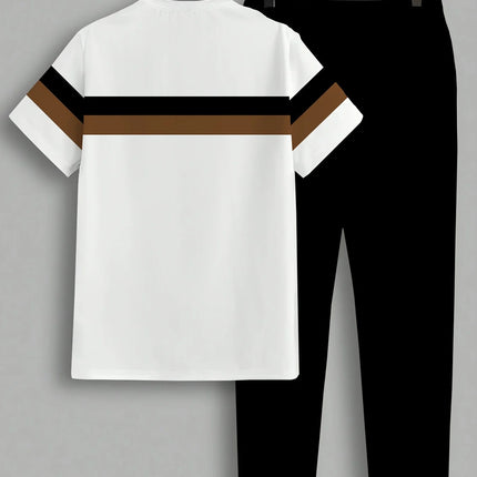 New Handsome Men's Summer Stripe Printed Comfortable and Breathable Round Neck T-shirt Pants Set Outdoor Casual Clothing
