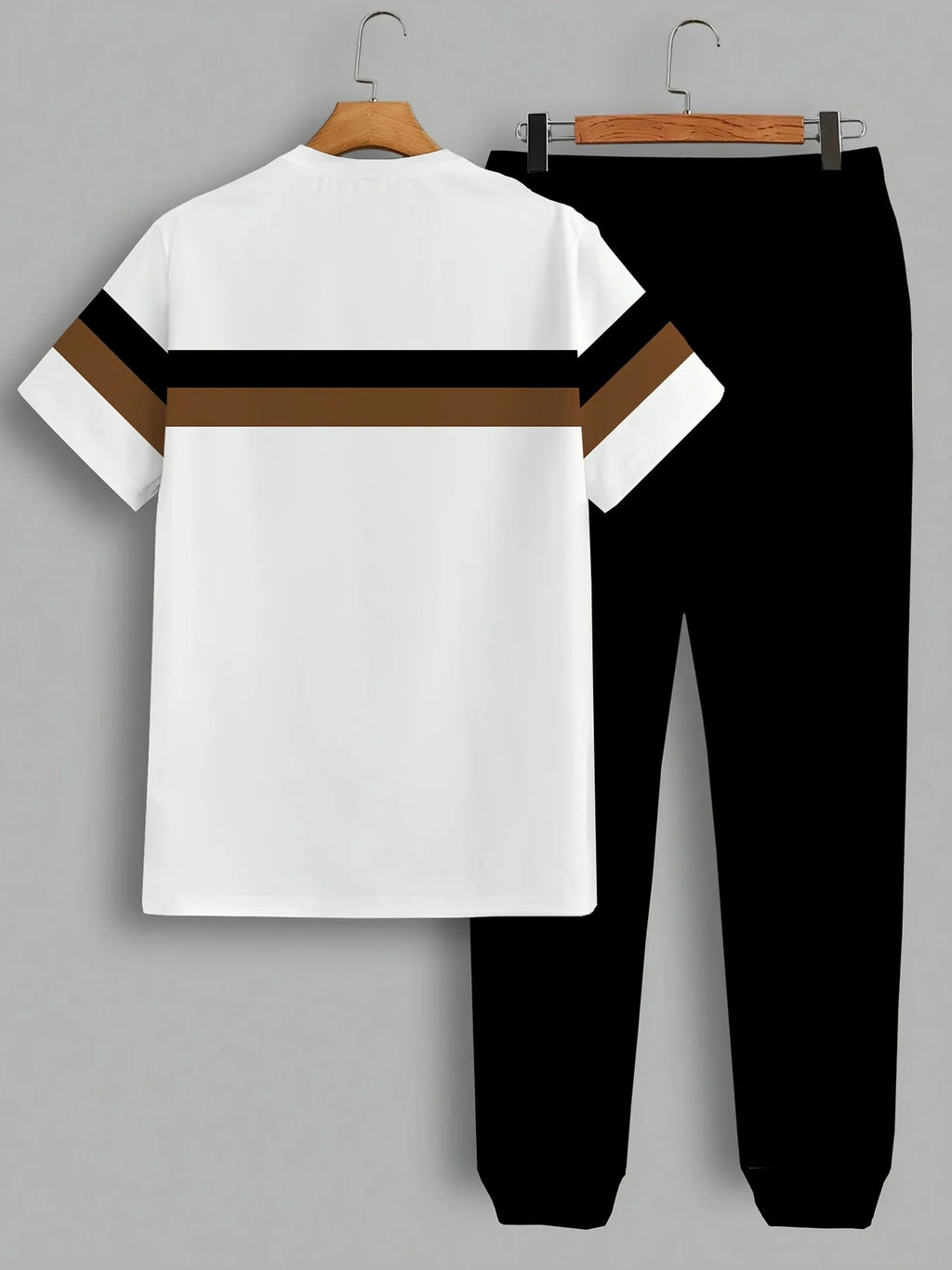 New Handsome Men's Summer Stripe Printed Comfortable and Breathable Round Neck T-shirt Pants Set Outdoor Casual Clothing