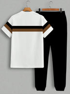 New Handsome Men's Summer Stripe Printed Comfortable and Breathable Round Neck T-shirt Pants Set Outdoor Casual Clothing