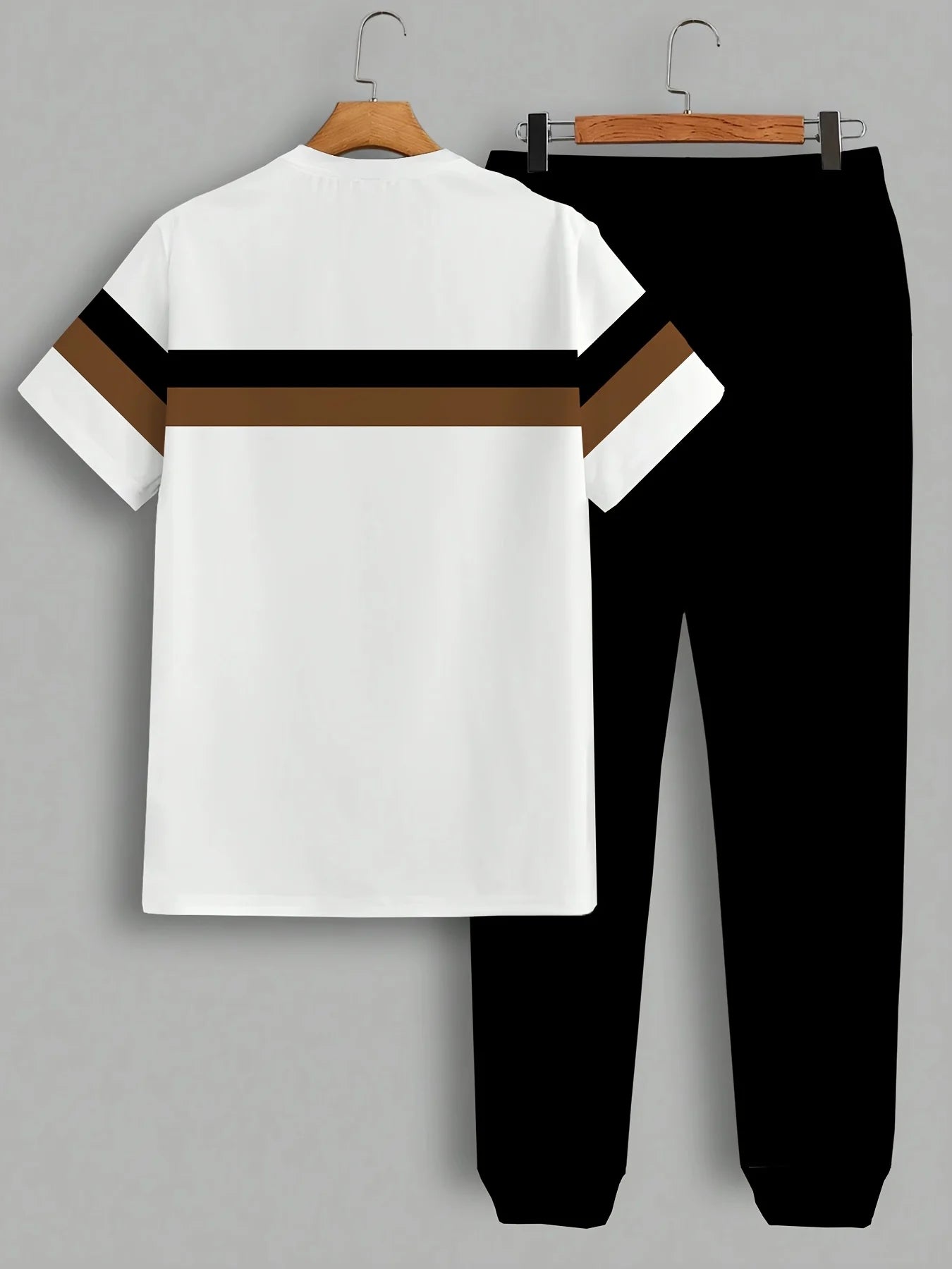 New Handsome Men's Summer Stripe Printed Comfortable and Breathable Round Neck T-shirt Pants Set Outdoor Casual Clothing