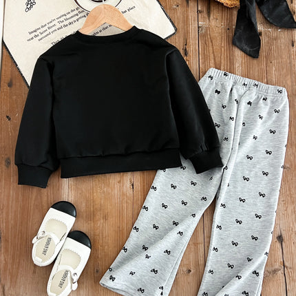 Kids Clothes Girls Autumn Fashion Bow Print Long-sleeved Sweatshirt + Flared Pants Sets Children's Daily Casual Wear