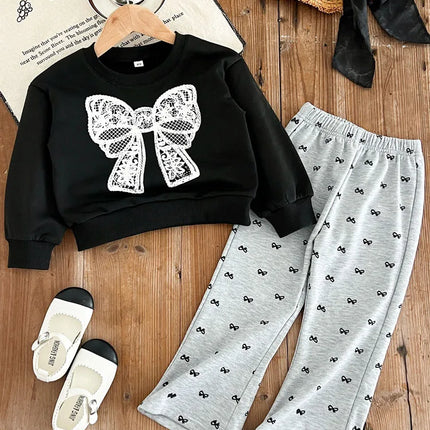 Kids Clothes Girls Autumn Fashion Bow Print Long-sleeved Sweatshirt + Flared Pants Sets Children's Daily Casual Wear