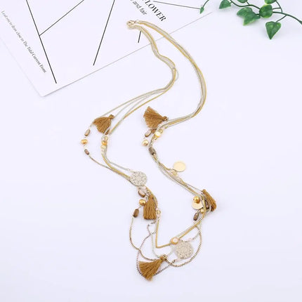 Handmade Shell Beads Long Necklace Copper Sheet Cotton Thread Tassel Multilayer Chain Necklaces Jewelry For Women Accessories