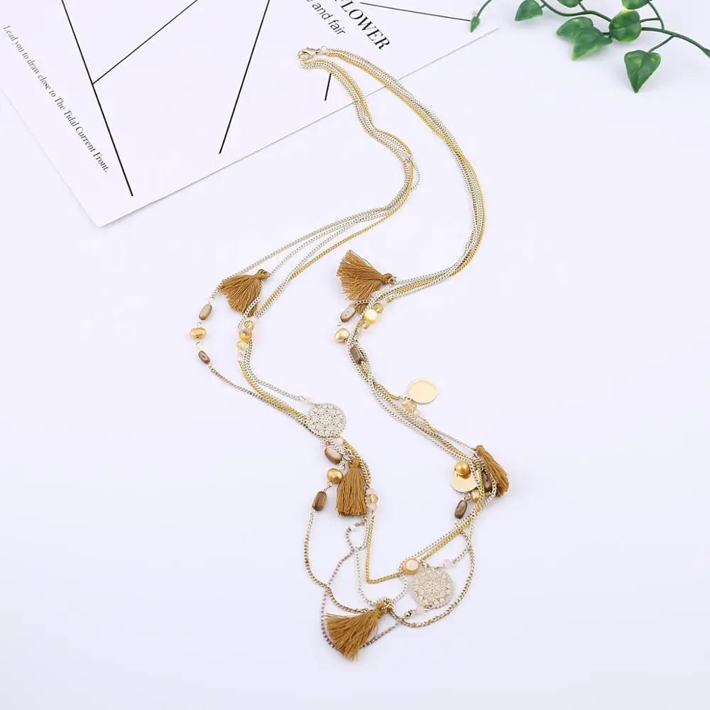 Handmade Shell Beads Long Necklace Copper Sheet Cotton Thread Tassel Multilayer Chain Necklaces Jewelry For Women Accessories