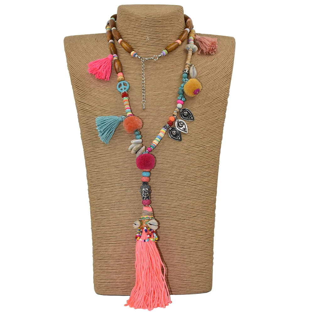 New Clothing accessories Bohemian ethnic beaded chains tassel Necklace colorful Pompoms long fringe Buddha Pendants Necklace