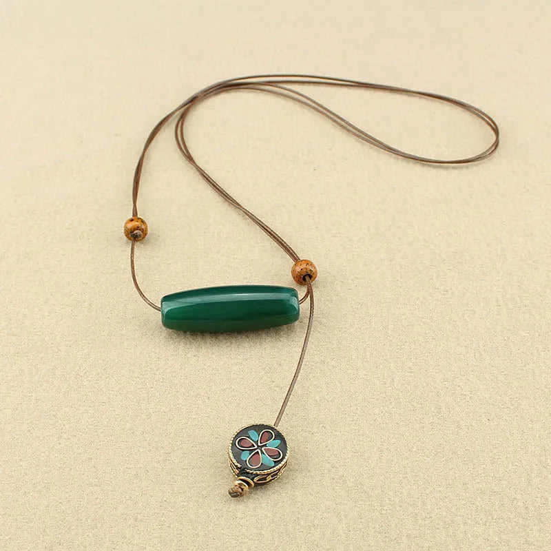 Ethnic style agate long sweater chain exotic style simple women's adjustable necklace cotton and linen clothing accessories give