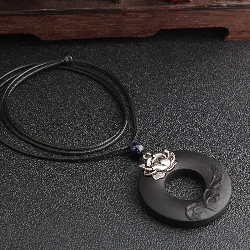 Ethnic style retro necklace women's atmospheric long sweater chain ebony pendant simple accessories cotton and linen clothing pe